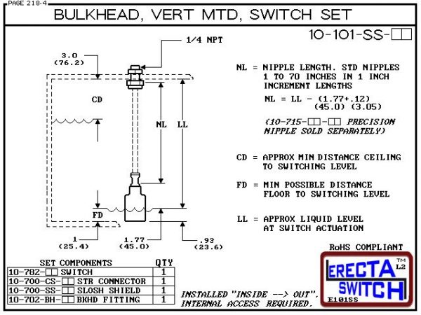 10-101-SS-AC 1/4" NPT Bulk Head Vertical Mounted Shielded Level Switch Set (Acetal)-4410