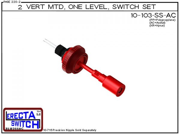 10-103-SS-AC 2" NPT Vertical Mounted One Level Extended Stem Shielded Level Switch Set (Acetal) features a 1-1/4" NPT wiring receptacle providing a weather tight chamber for wire splices, a 2" NPT adapter, extended stem hardware and a slosh shield.Acetal