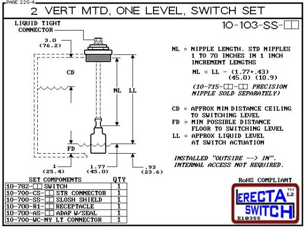 Diagram - 10-103-SS-PP 2" NPT Vertical Mounted One Level Extended Stem Shielded Level Switch Set (Polypropylene) features a 1-1/4" NPT wiring receptacle providing a weather tight chamber for wire splices, a 2" NPT adapter, extended stem hardware and a slo