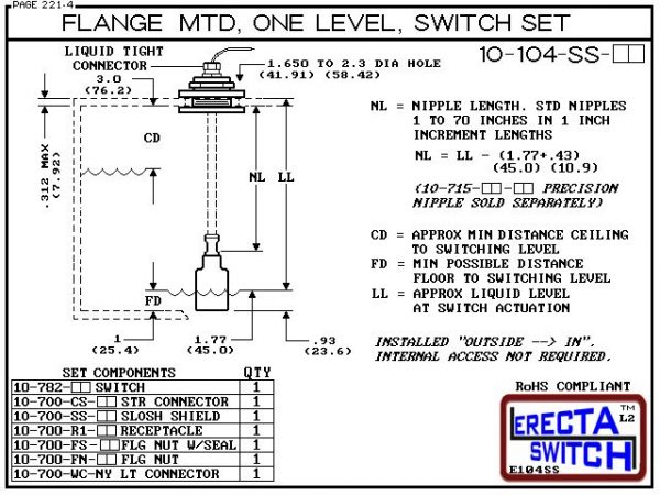 Diagram - 10-104-SS-PP Flange Vertical Mounted One Level Shielded Level Switch Set (Polypropylene) features a 1-1/4" NPT wiring receptacle providing a weather tight chamber for wire splices, slosh shield and our unique flange nuts.Polypropylene liquid lev