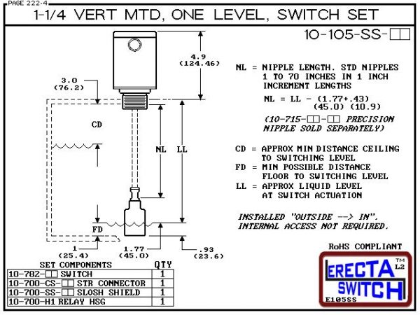 Diagram 0 10-105-SS-PP 1-1/4" NPT Relay Housing Vertical Mounted One Level extended Stem Shielded Level Switch Set (Polypropylene) features a 1-1/4" NPT Relay Housing providing a liquid tight chamber for your control relay or wire splices. Polypropylene l