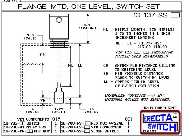 Diagram - 10-107-SS-KR Vertical Flange Mounted Relay Housing One Level Extended Stem Shielded Level Switch Liquid Level Sensor Set (Kynar) features a 1-1/4" NPT Relay Housing providing a liquid tight chamber for your control relay or wire splices and and