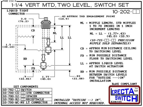 Diagram - 10-202-PP 1-1/4 Vertical Mounted Two Level Multi Level Switch Set (Polypropylene) features a 1-1/4" NPT receptacle providing a weather tight chamber for wire splices.Polypropylene liquid level switch version is suitable for water, soaps , light