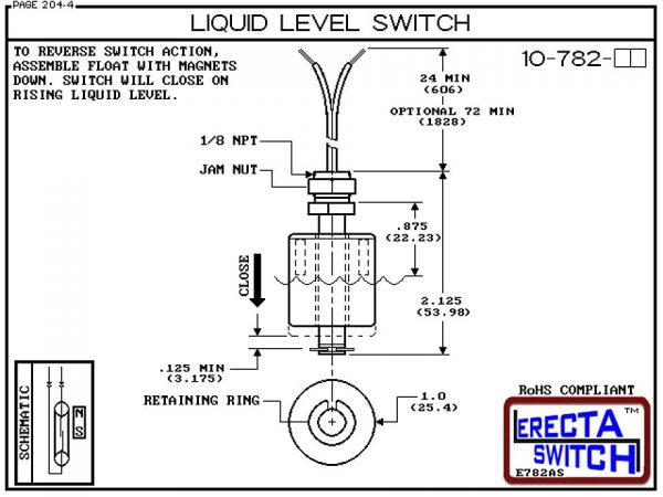 Diagarm - 10-782-PP Level Switch is the most versatile level switch in the world. Much more than a stand alone liquid level switch, it is the key liquid level switching element in all level switch sets extended level switch sets, and multi level switch se