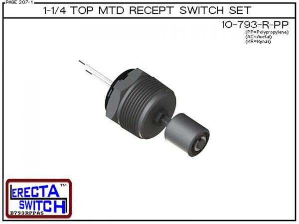10-793-R-PP 1-1/4" NPT Top Mounted Receptacle Level Switch Set includes a 10-782 liquid level switch with a 1-1/4" NPT wiring receptacle providing a weather tight chamber for wire splices.Polypropylene Liquid Level Switch version is suitable for water, so