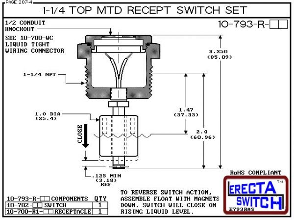 Diagram - 10-793-R-PP 1-1/4" NPT Top Mounted Receptacle Level Switch Set includes a 10-782 liquid level switch with a 1-1/4" NPT wiring receptacle providing a weather tight chamber for wire splices.Polypropylene Liquid Level Switch version is suitable for