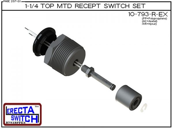 Exploded View - 10-793-R-PP 1-1/4" NPT Top Mounted Receptacle Level Switch Set includes a 10-782 liquid level switch with a 1-1/4" NPT wiring receptacle providing a weather tight chamber for wire splices.Polypropylene Liquid Level Switch version is suitab