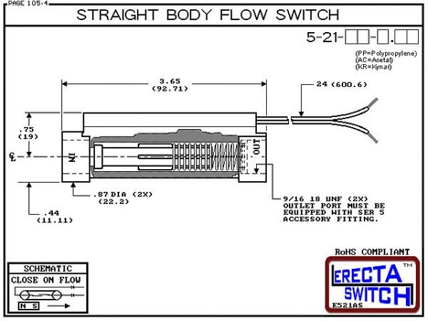 Flow Switch - ERECTA SWITCH 5-21-PP-X.XX Straight Body flow sensor - Diagram