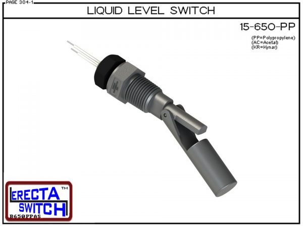 15-650-PP Liquid Level Switch is the "Quintessential" side mounted level switch. 15-650 level switches are made up of two cleverly sculptured, injection molded sections. A housing section, containing a sealed in glass magnetic switch and a float section c