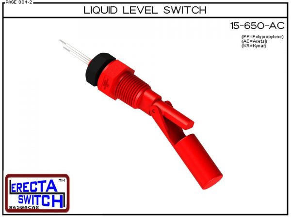 15-650-AC Liquid Level Switch is the "Quintessential" side mounted level switch. 15-650 level switches are made up of two cleverly sculptured, injection molded sections. A housing section, containing a sealed in glass magnetic switch and a float section c