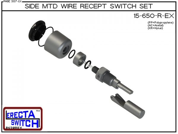 Exploded View - 15-650-R-PP Side MTD Wire Recept Level Switch Set adds a weather tight wire receptacle to the 15-650 side mounted level switch. The level switch wire receptacle replaces the jam nut and provides a weather tight chamber for wire splices.Pol