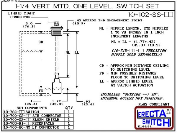 Diagram - 10-102-SS 1-1/4" NPT Wiring Receptacle Vertical Mounted One Level Shielded Extended Stem Level Switch Set features a 1-1/4" NPT wiring receptacle providing a weather tight chamber for wire splicesKynar Level Switch version is suitable for harsh