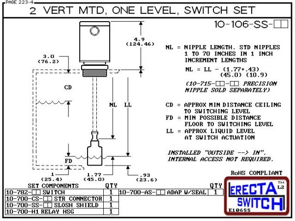 Diagram - 10-106-SS-AC 2" NPT Relay Housing Vertical Mounted One Level extended Stem Shielded Level Switch Set (Acetal) features a 1-1/4" NPT Relay Housing providing a liquid tight chamber for your control relay or wire splices and a 2" NPT adapter.Acetal