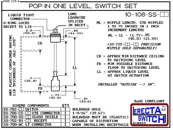 Diagram - 10-108-SS-KR Pop-In Mounted One Level Extended Stem Shielded Level Switch Set (Kynar) features our unique Pop-in wiring receptacle providing a weather tight chamber for wire splices.Kynar Liquid Level Switch version is suitable for harsh acids,