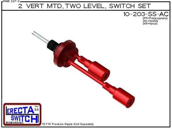 10-203-AC 2" NPT Vertical Mounted Two Level Extended Stem Shielded Multi Level Switch Set (Acetal) features a 1-1/4" NPT wiring receptacle providing a weather tight chamber for wire splices, a 2" NPT adapter, extended stem hardware and slosh shields.Aceta