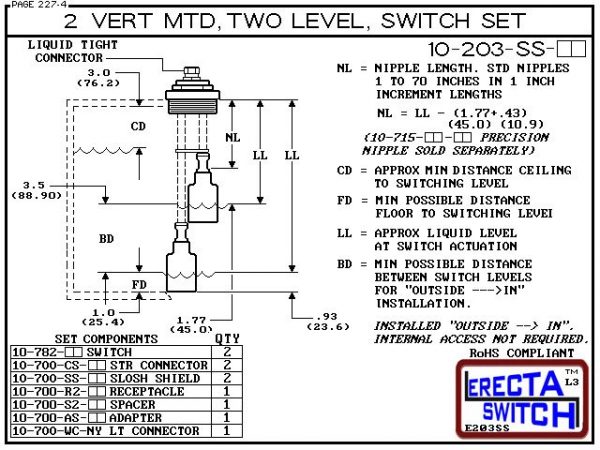 Diagram - 10-203-AC 2" NPT Vertical Mounted Two Level Extended Stem Shielded Multi Level Switch Set (Acetal) features a 1-1/4" NPT wiring receptacle providing a weather tight chamber for wire splices, a 2" NPT adapter, extended stem hardware and slosh shi