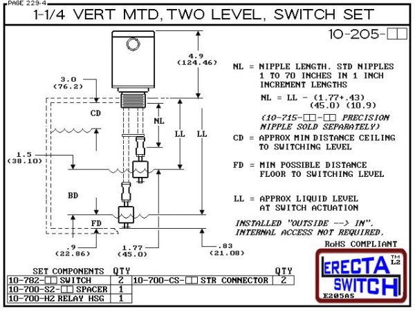 Diagram - 10-205-AC Multi Level Switch 1-1/4" NPT Relay Housing Vertical Mounted Extended Two Level Switch Set (Acetal) features a 1-1/4" NPT Relay Housing providing a liquid tight chamber for your control relay or wire splices.Acetal Liquid Level Switch
