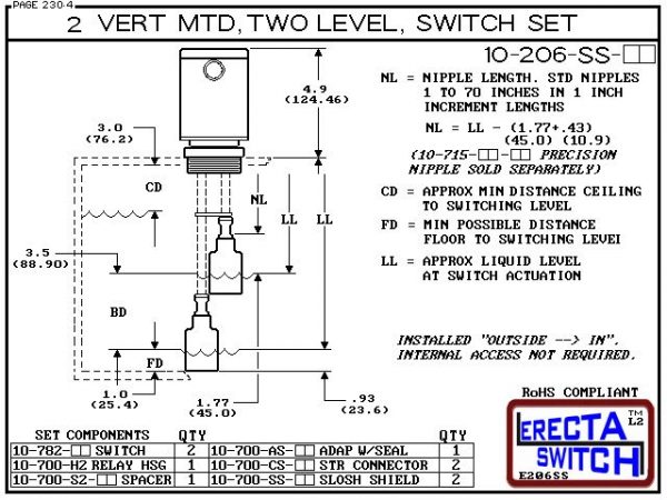 Diagram - 10-206-AC Multi Level Switch 2" NPT Relay Housing Vertical Mounted Two Level extended Stem Shielded level switch Set (Acetal). 1-1/4" NPT Relay Housing featured in this multi level switch set provides a liquid tight chamber for your contr