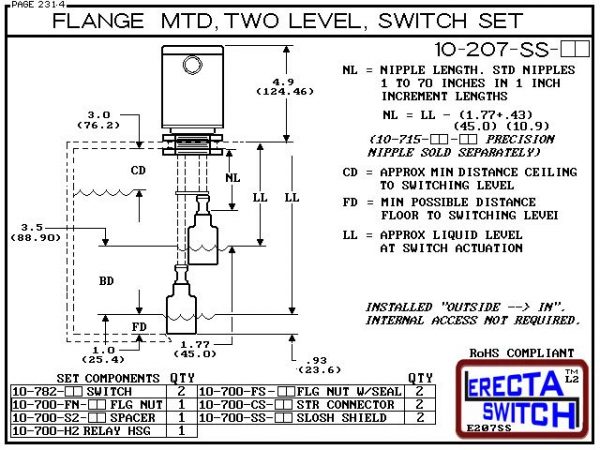 Diagram - 10-207-AC Multi Level Switch Vertical Flange Mounted Relay Housing Shielded Two Level Switch Set (Acetal) features a 1-1/4" NPT Relay Housing providing a liquid tight chamber for your control relay or wire splices and and our unique flange nuts.