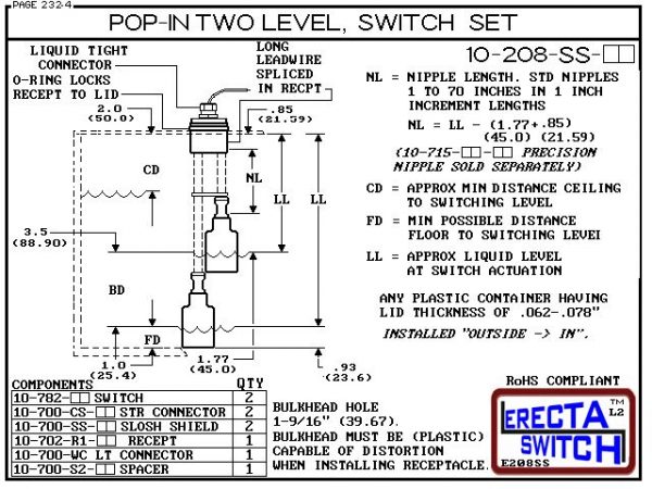 Diagram - 10-208-AC Multi Level Switch Pop-In Extended Stem Shielded Two Level Switch Set (Acetal) features our unique Pop-in wiring receptacle providing a weather tight chamber for wire splices. Acetal Liquid Level Switch Version is suitable for hydrocar