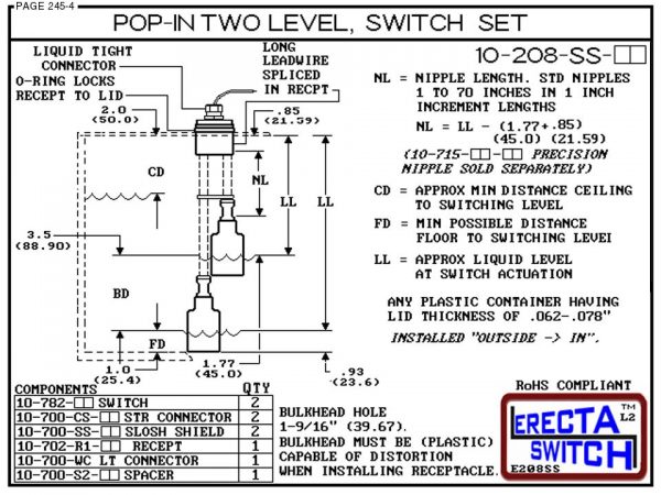 10-208-SS-KR Multi Level Switch Pop-In Extended Stem Shielded Two Level Switch Set (PVDF Kynar) Diagram