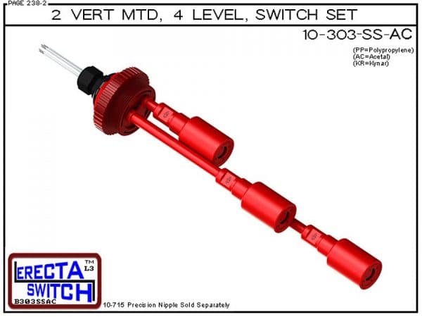 10-303-AC Multi Level Switch 2" NPT Vertical Mounted Extended Stem Shielded Three Level Switch Set (Acetal) features a 1-1/4" NPT wiring receptacle providing a weather tight chamber for wire splices, a 2" NPT adapter, extended stem hardware and slosh shie