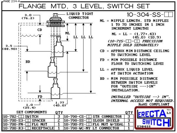 Diagram - 10-304-SS-AC Multi Level Switch Flange Vertical Mounted Shielded Three Level Switch Set (Acetal) features a 1-1/4" NPT wiring receptacle providing a weather tight chamber for wire splices, slosh shields and our unique flange nuts.Acetal Liquid L