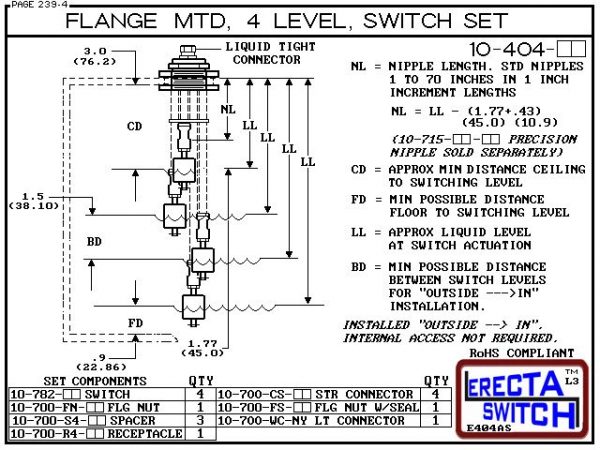 Diagram - 10-404-AC Flange Vertical Mounted Four Level Shielded Multi Level Switch Set features a 1-1/4" NPT wiring receptacle providing a weather tight chamber for wire splices, slosh shields and our unique flange nuts.Acetal Liquid Level Switch Version