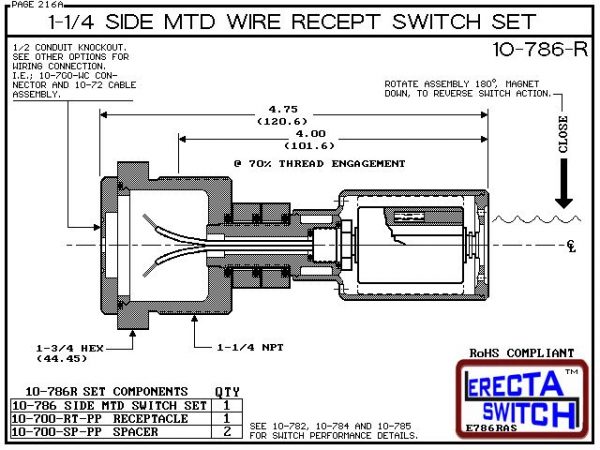 Diagram - 10-786-R 1-1/4" NPT Side Mounted Wire Receptacle Level Switch Set. This side mounted liquid level switch set features a 1-1/4" NPT wiring receptacle providing a weather tight chamber for wire splices.Only available in Polypropylene liquid level
