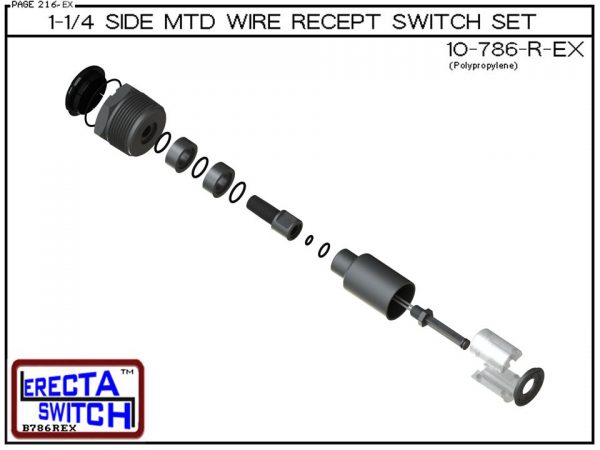 Exploded View - 10-786-R 1-1/4" NPT Side Mounted Wire Receptacle Level Switch Set. This side mounted liquid level switch set features a 1-1/4" NPT wiring receptacle providing a weather tight chamber for wire splices.Only available in Polypropylene liquid