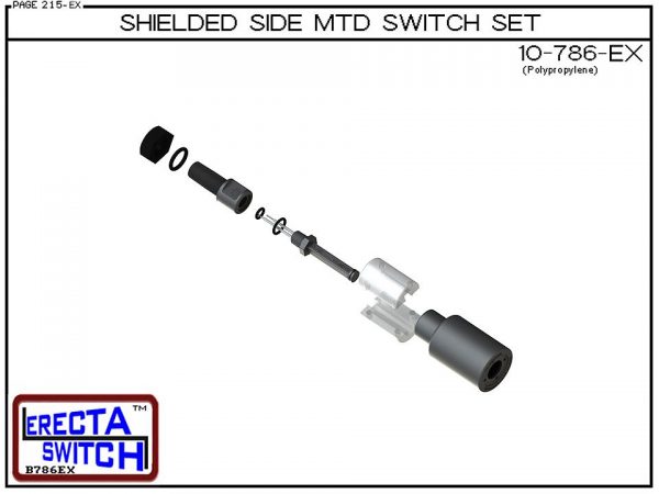 Exploded View - 10-786 Shielded 1/4" NPT bulkhead Side Mounted Level Switch Set adds a 1/4" NPT bulkhead fitting and slosh shield to the 10-785 side mounted level switch set.Polypropylene liquid level switch version is suitable for water, soaps , light ac