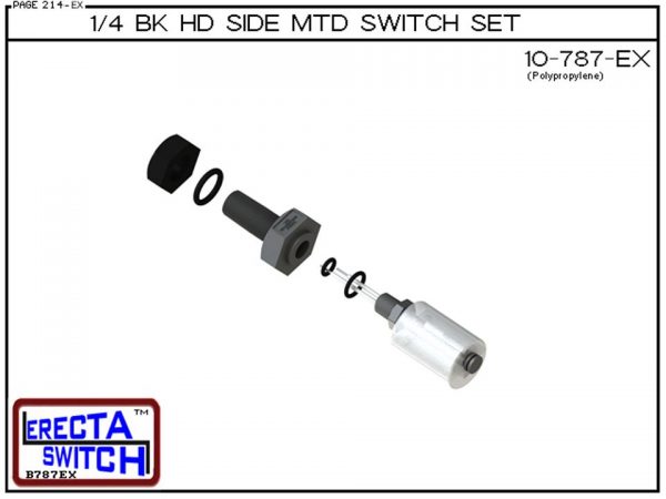 Exploded View - 10-787 1/4" NPT Bulk Head Side Mounted Level Switch Set adds a 1/4 NPT bulkhead fitting to the 10-785 side mounted liquid level switch set Polypropylene liquid level switch version is suitable for water, soaps , light acid liquid level sen