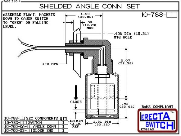 Diagram - 10-788-AC Shielded Angle Connector Side Mounted Liquid Level Set (Acetal) adds an angle connector and slosh shield to the 10-782 vertical mounted level switch transforming it to a side mounted shielded liquid level switch.Acetal Liquid Level Swi
