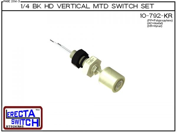 10-792-KR 1/4 Bulk Head Vertical Mounted Level Switch adds a 1/4" NPT bulkhead fitting to the 10-782 Liquid level switch. Liquid Level Sensor set seals to the bulkhead fitting with double o ring seal. Mount this level switch set to an existing 1/4" NPT fe