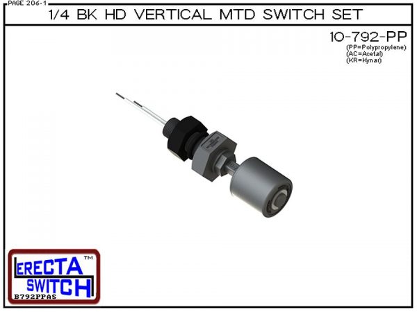 10-792-PP 1/4 Bulk Head Vertical Mounted Level Switch adds a 1/4" NPT bulkhead fitting to the 10-782 Liquid level switch. Liquid Level Sensor set seals to the bulkhead fitting with double o ring seal. Mount this level switch set to an existing 1/4" NPT fe
