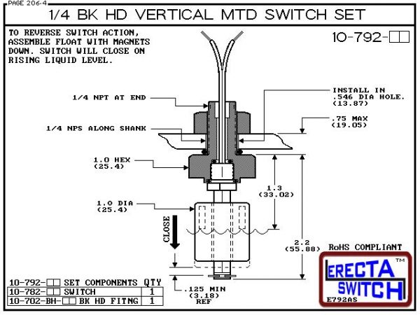 Diagram - 10-792-KR 1/4 Bulk Head Vertical Mounted Level Switch adds a 1/4" NPT bulkhead fitting to the 10-782 Liquid level switch. Liquid Level Sensor set seals to the bulkhead fitting with double o ring seal. Mount this level switch set to an existing 1