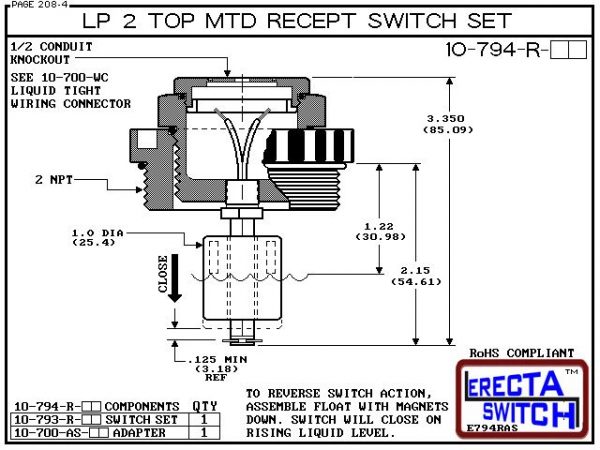 Diagrams - 10-794-R-PP Low Profile 2" NPT Top Mounted Receptacle Level Switch Set includes a 10-782 Liquid level switch with a 1-1/4" NPT wiring receptacle providing a weather tight chamber for wire splices and a 2" NPT adapter.Polypropylene Level Switch