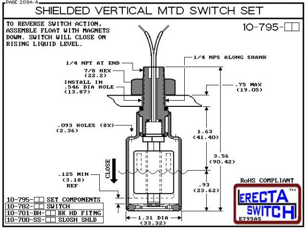 Diagram - 10-795-PP Shielded 1/4" NPT bulkhead Vertical Mounted Level Switch Set (Polypropylene) adds a 1/4" NPT bulkhead fitting and slosh shield to the 10-782 Liquid level switch.Polypropylene liquid level switch version is suitable for water, soaps , l