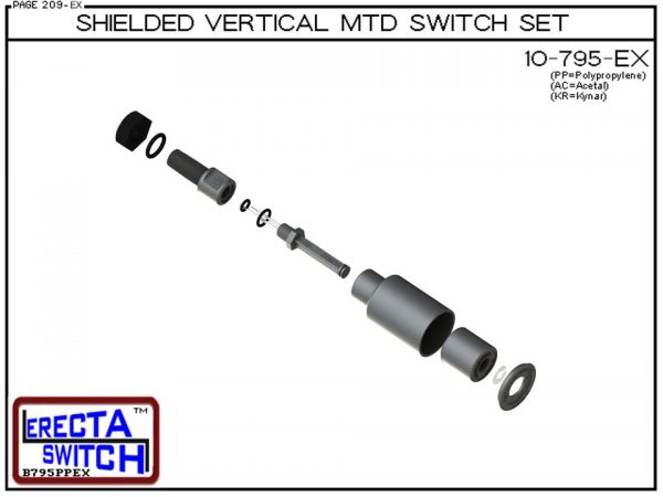 Exploded View - 10-795-PP Shielded 1/4" NPT bulkhead Vertical Mounted Level Switch Set (Polypropylene) adds a 1/4" NPT bulkhead fitting and slosh shield to the 10-782 Liquid level switch.Polypropylene liquid level switch version is suitable for water, soa