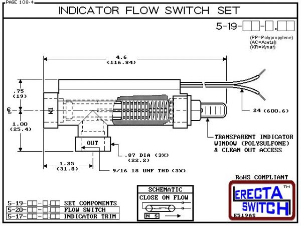 Flow Indicator / Flow Switch - ERECTA SWITCH 5-19-PP-X.XX Flow Indicator / Flow Sensor - Polypropylene Diagram