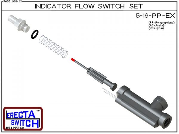Flow Indicator / Flow Switch - ERECTA SWITCH 5-19-PP-X.XX Flow Indicator / Flow Sensor - Polypropylene Exploded View