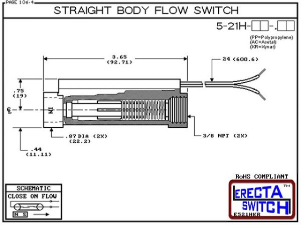 Flow Switch - ERECTA SWITCH 5-21H-AC-X.XX High Flow Straight Body flow sensor - Diagram