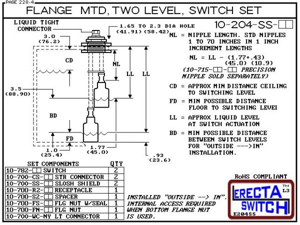 Diagram - 10-204-PP Flange Vertical Mounted Two Level Shielded Multi Level Switch Set (Polypropylene) features a 1-1/4" NPT wiring receptacle providing a weather tight chamber for wire splices, slosh shields and our unique flange nuts.Polypropylene liquid