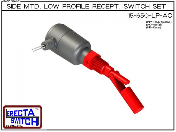 15-650-LP-PP Side MTD Low Profile Recept Level Switch Set adds a liquid tight low profile wire receptacle to the 15-650 side mounted level switch. The level switch wire receptacle replaces the jam nut and provides a liquid tight chamber for wire splices w