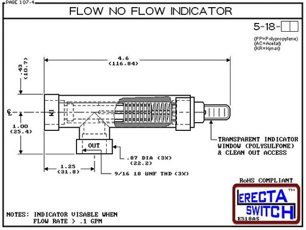 Diagram - The 5-18-KR Visual Flow Indicator is a simple low cost visual flow / no flow indicator. When flow is present the red flow indicator tail is plainly visible in the viewing port. Kynar Flow Indicator Version is suitable for harsh acids, caustics,