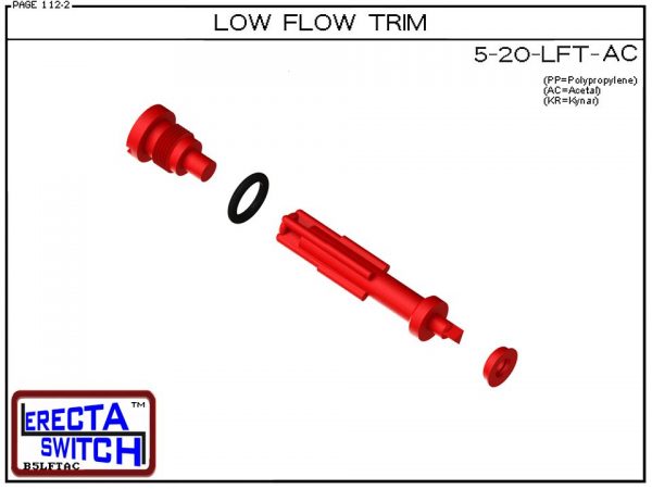 5-20-LFT-AC Low Flow Switch Trim Set converts the 5-20 angle body flow switch to the ultra low flow 5-20-LF flow switch set (Acetal).Acetal Flow Switch Version is suitable for hydrocarbon applications such as gasoline, hydraulic oil, diesel fuel, and clea