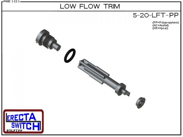 5-20-LFT-PP Low Flow Switch Trim Set converts the 5-20 angle body flow switch to the ultra low flow 5-20-LF flow switch set (Polypropylene). Polypropylene flow switch version is suitable for water, soaps , light acids flow sensor applications.
