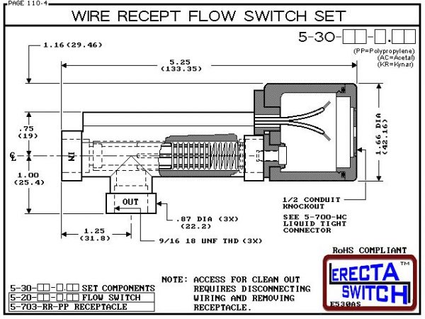 Flow Switch - ERECTA SWITCH 5-30-PP-X.XX Angle Body Receptacle Flow Sensor - Diagram