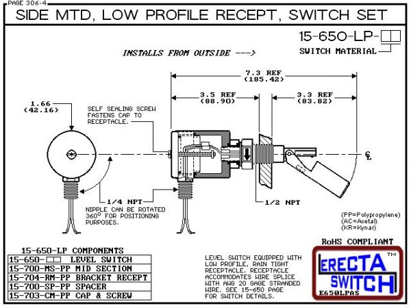 Diagram - 15-650-LP-PP Side MTD Low Profile Recept Level Switch Set adds a liquid tight low profile wire receptacle to the 15-650 side mounted level switch. The level switch wire receptacle replaces the jam nut and provides a liquid tight chamber for wire