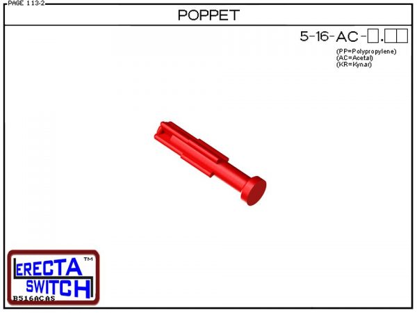 5-16 Flow Switch Replacement Poppets allow OEMs to increase or decrease flow switch sensitivity. Replacement Flow Switch poppets are available in .1 gpm, .25gpm, .50 gpm, .75gpm, and 1 gpm set points.Acetal Flow Switch Version is suitable for hydrocarbon